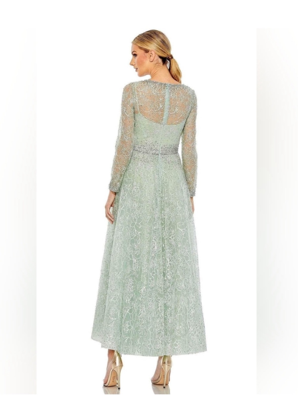 NWT Mac Duggal Sage Green Embellished Long Sleeve Midi Gown - Picture 3 of 5